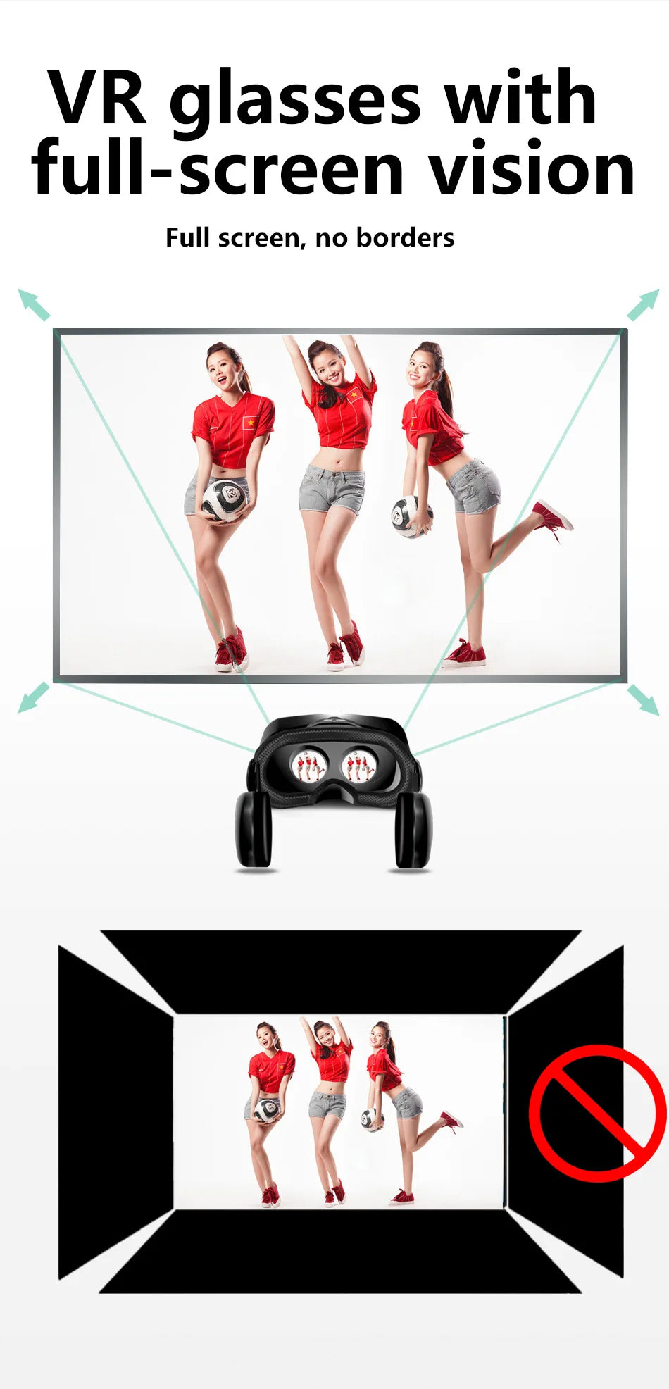 Black VR headset demonstrating a wide, full-screen display compared to a standard, bordered view.