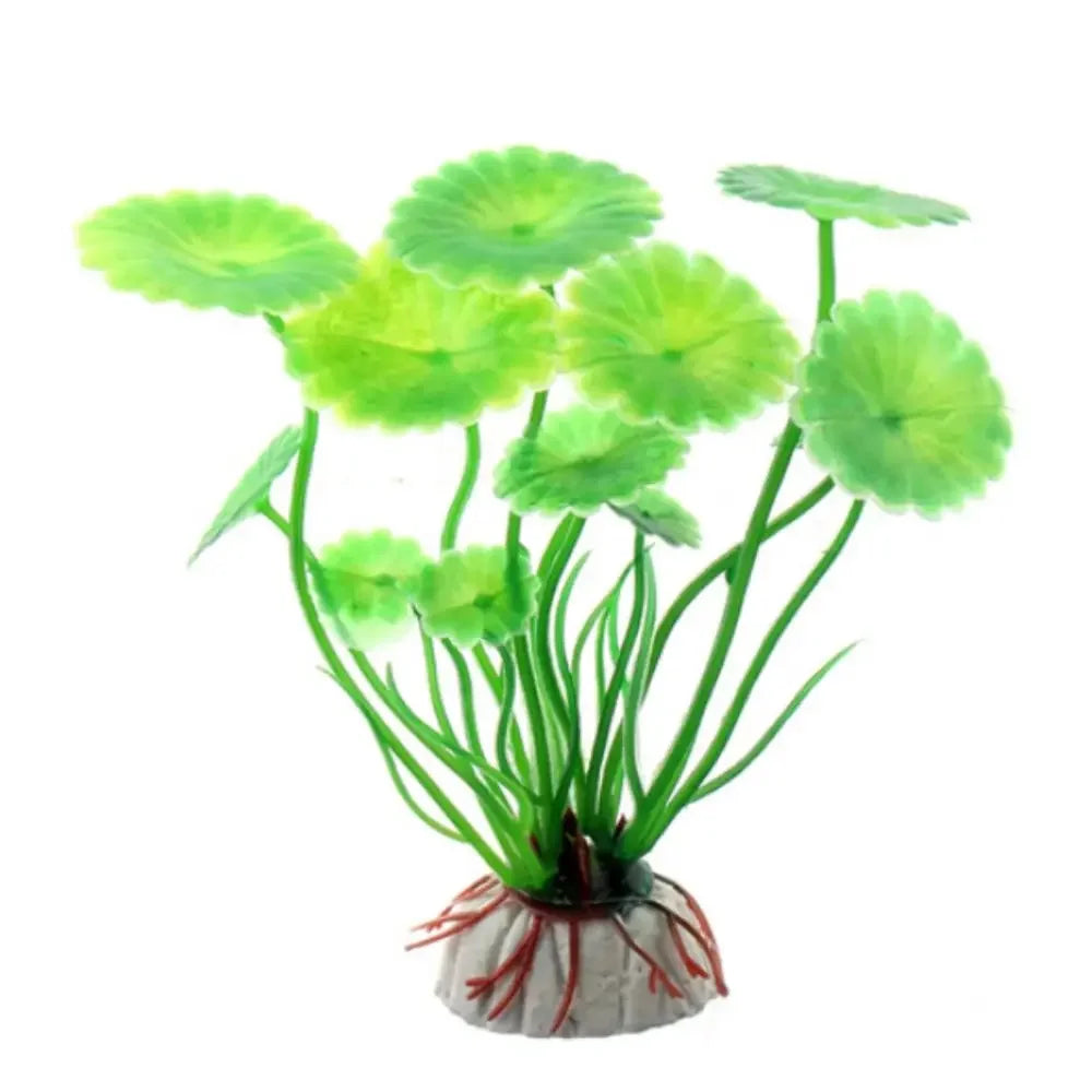 Artificial aquarium plant with bright green, round, daisy-like leaves on stems anchored in a textured gray rock base.