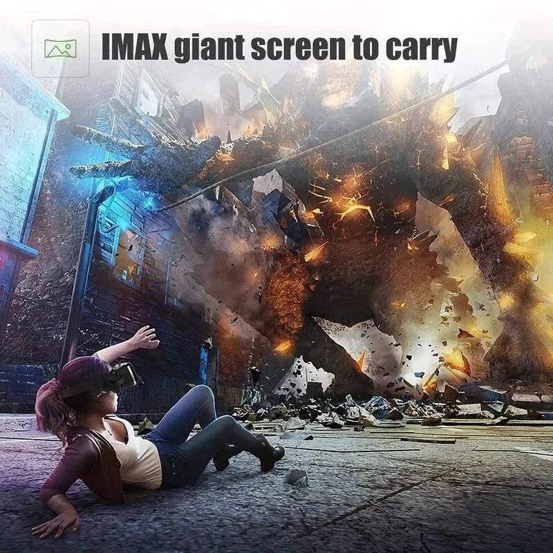 A person wearing a sleek black VR headset, immersed in a dramatic, explosive 3D gaming environment.