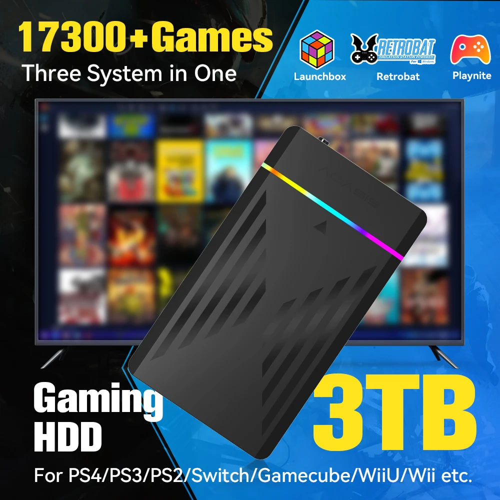 Black 3TB portable gaming HDD with glowing RGB light strip, shown against a game console UI screen.