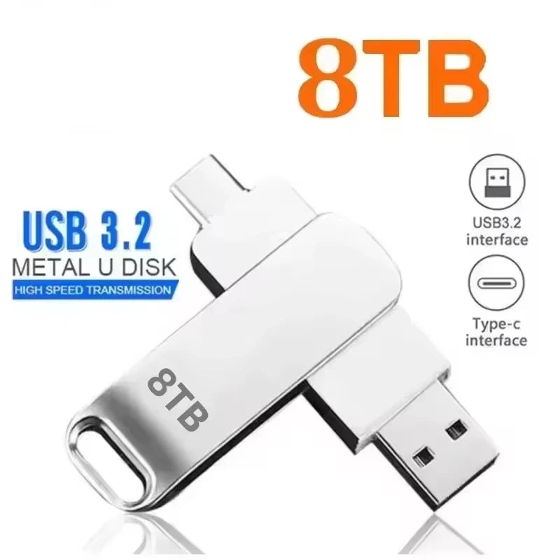 Silver 8TB dual-connector USB flash drive with both USB-A and USB-C ports for high-speed data transfer.