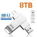 Silver 8TB dual-connector USB flash drive with both USB-A and USB-C ports for high-speed data transfer.