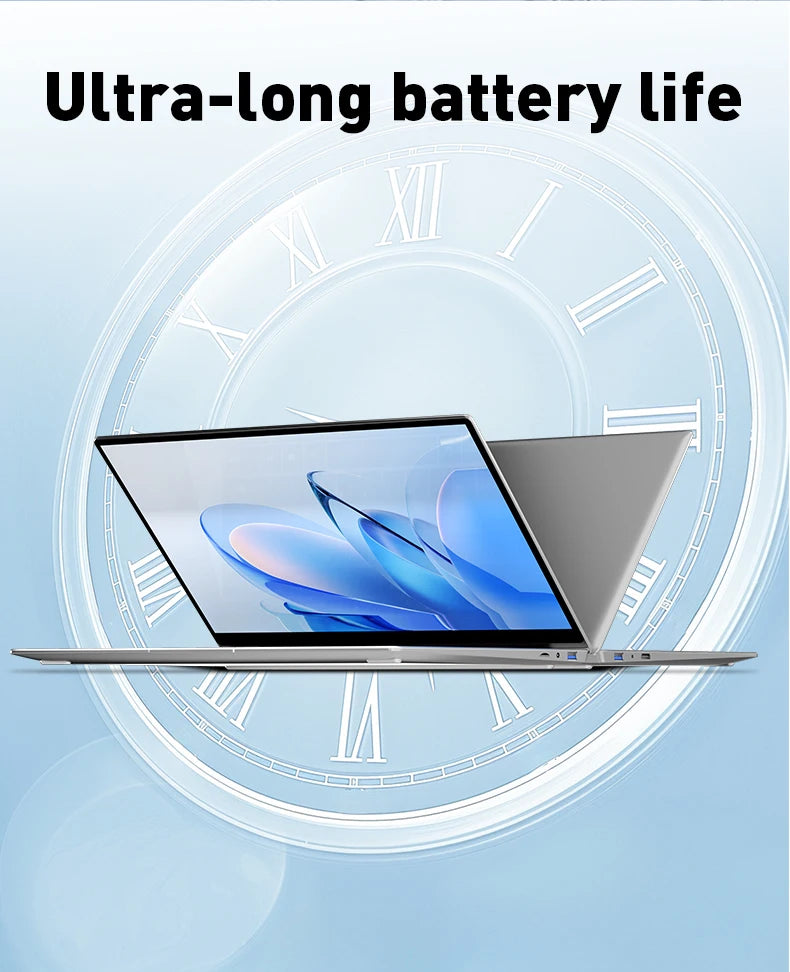 Ultra-slim silver 14.1-inch laptop against a clock background, highlighting its long battery life.