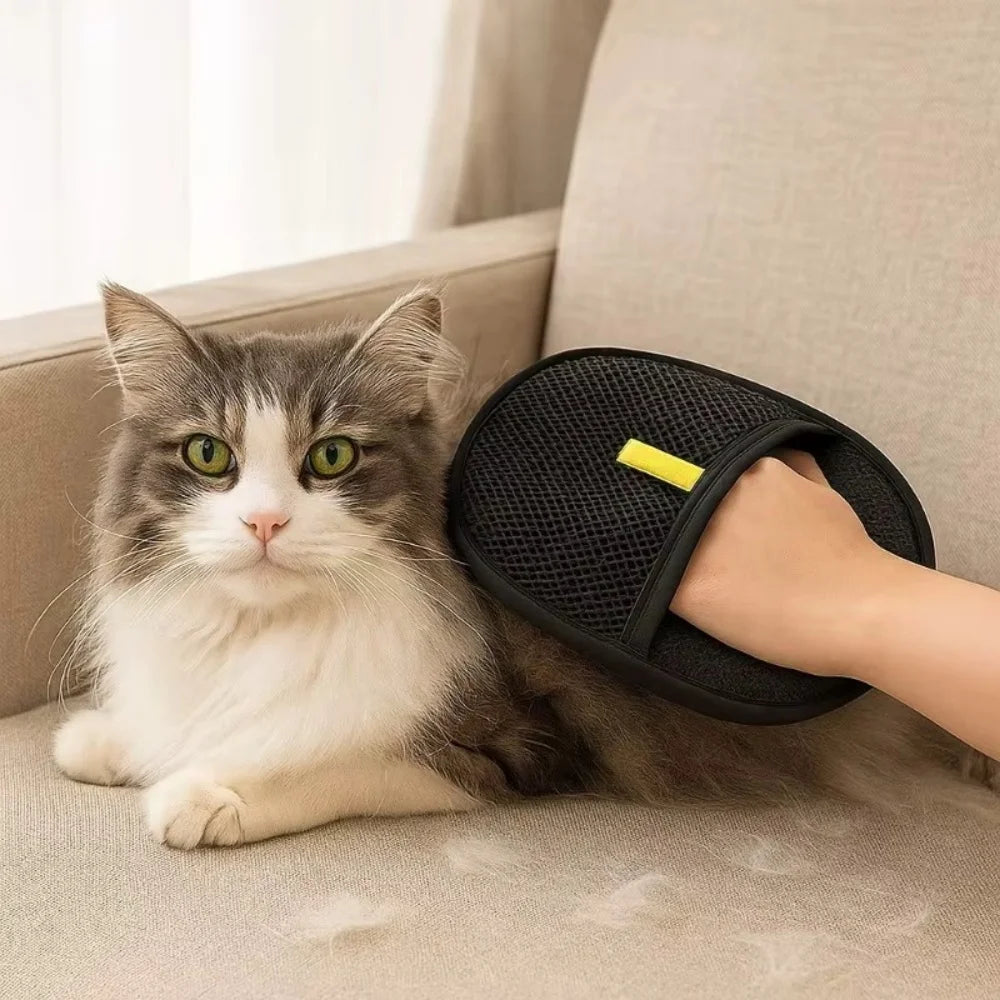 A hand uses a black mesh pet grooming mitt with a yellow tab to brush a grey and white fluffy cat on a sofa.