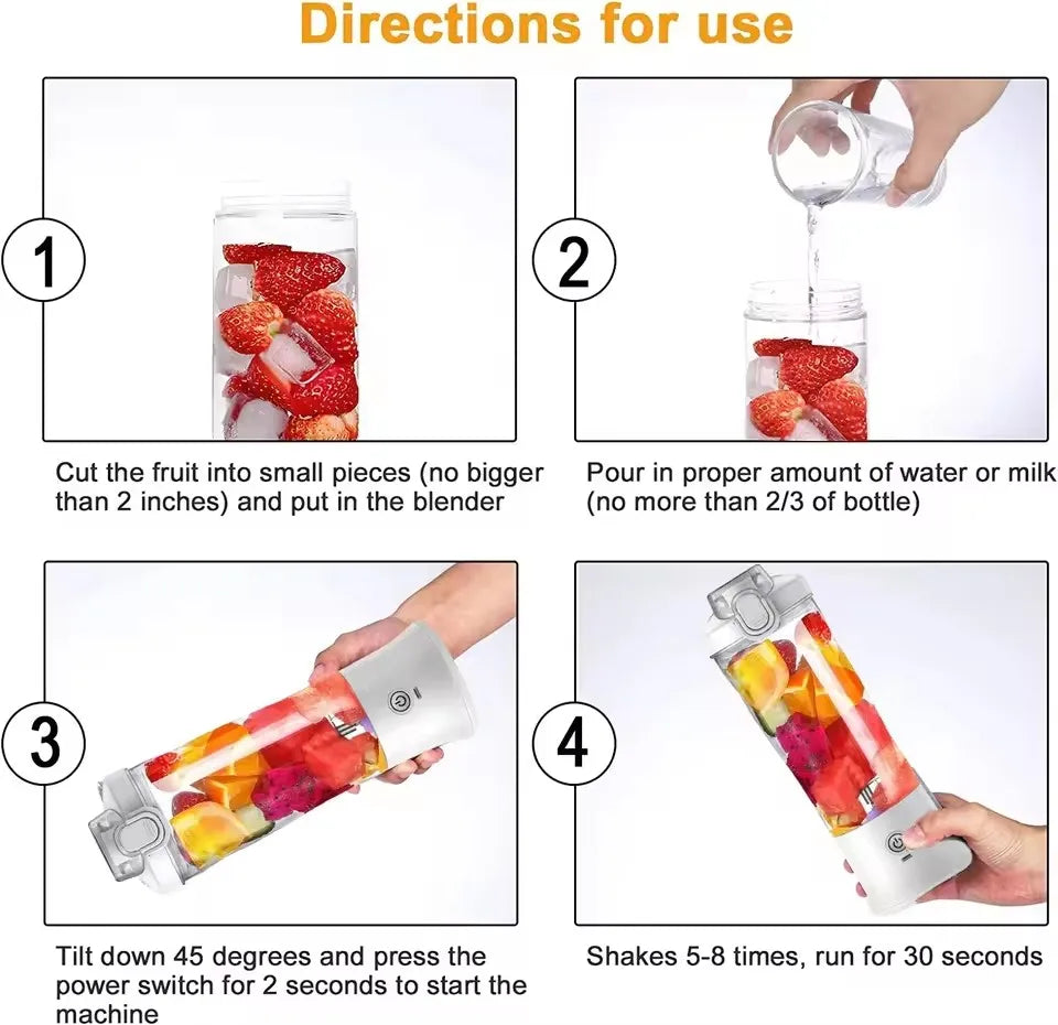 Four-step infographic showing how to use a portable white, clear plastic personal blender for making fruit smoothies.