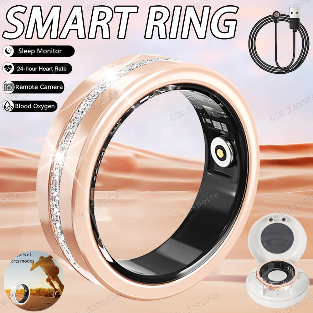 Rose gold smart health ring with crystal detail, featuring sleep, heart rate, and oxygen tracking with charging base.