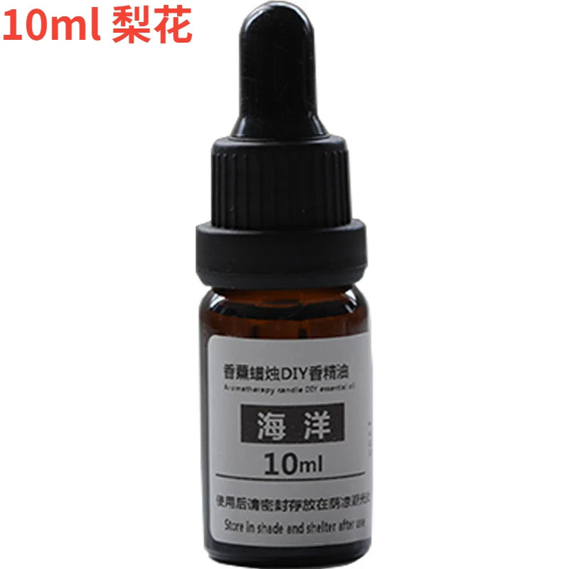 10ml amber glass essential oil bottle with a black dropper cap and a white label, isolated on a white background.