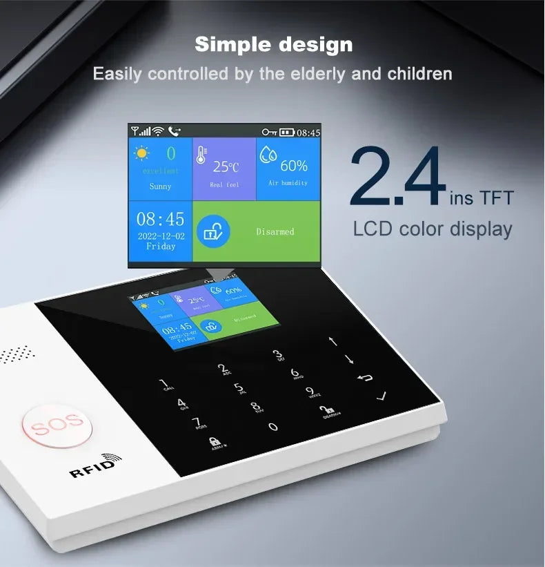 White smart alarm panel with black touchscreen, 2.4-inch colour display, number pad, and prominent SOS button.