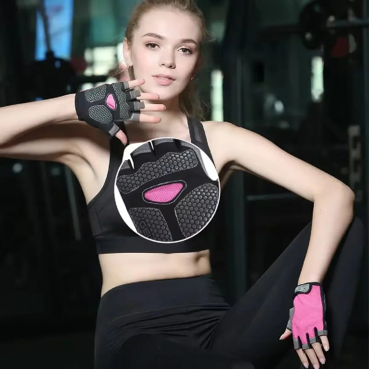 A woman in a gym wearing fingerless, black-and-pink exercise gloves with a textured, non-slip grip pattern.