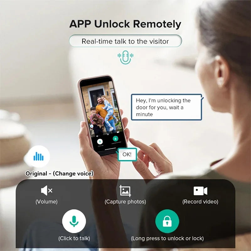 A woman holding a smartphone displaying an app for remote video doorbell control and unlocking.