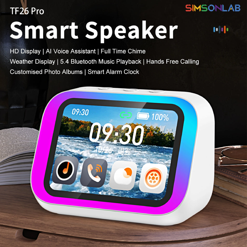 White smart speaker with a vibrant colour-changing LED edge, featuring an HD digital display screen on a wooden desk.