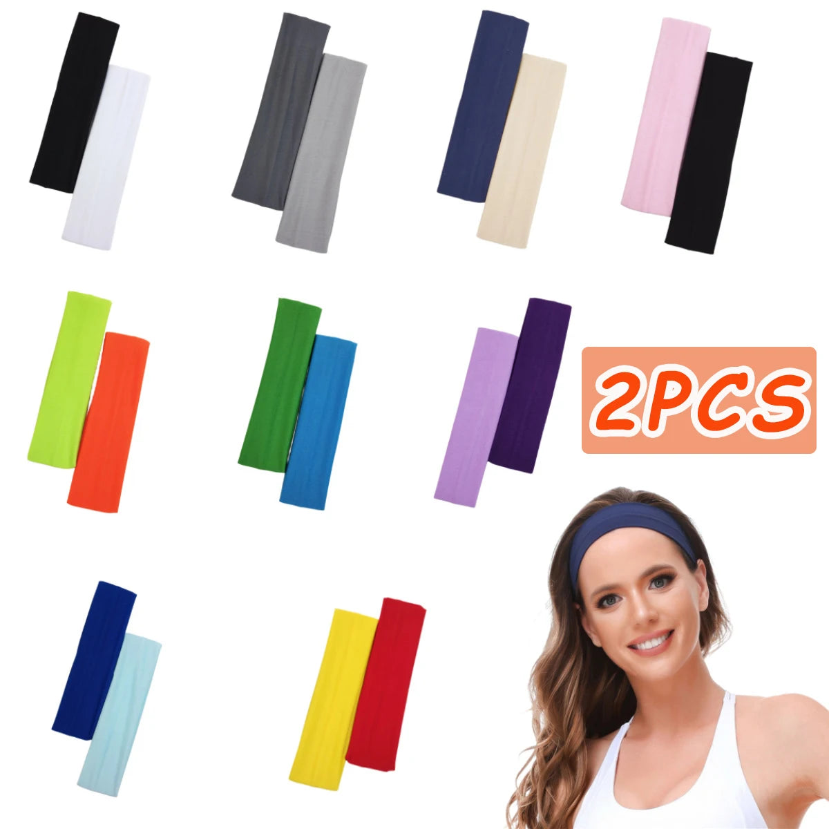 Sets of two colourful fabric sports headbands in various solid colours, as worn by a model.