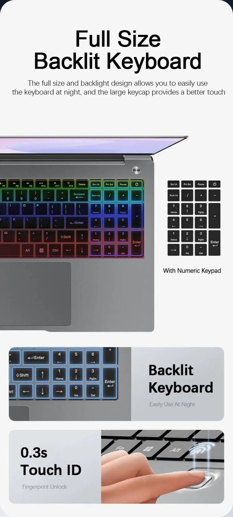 Grey gaming laptop with a full-size RGB backlit keyboard, dedicated numeric keypad, and a fingerprint touch ID sensor.