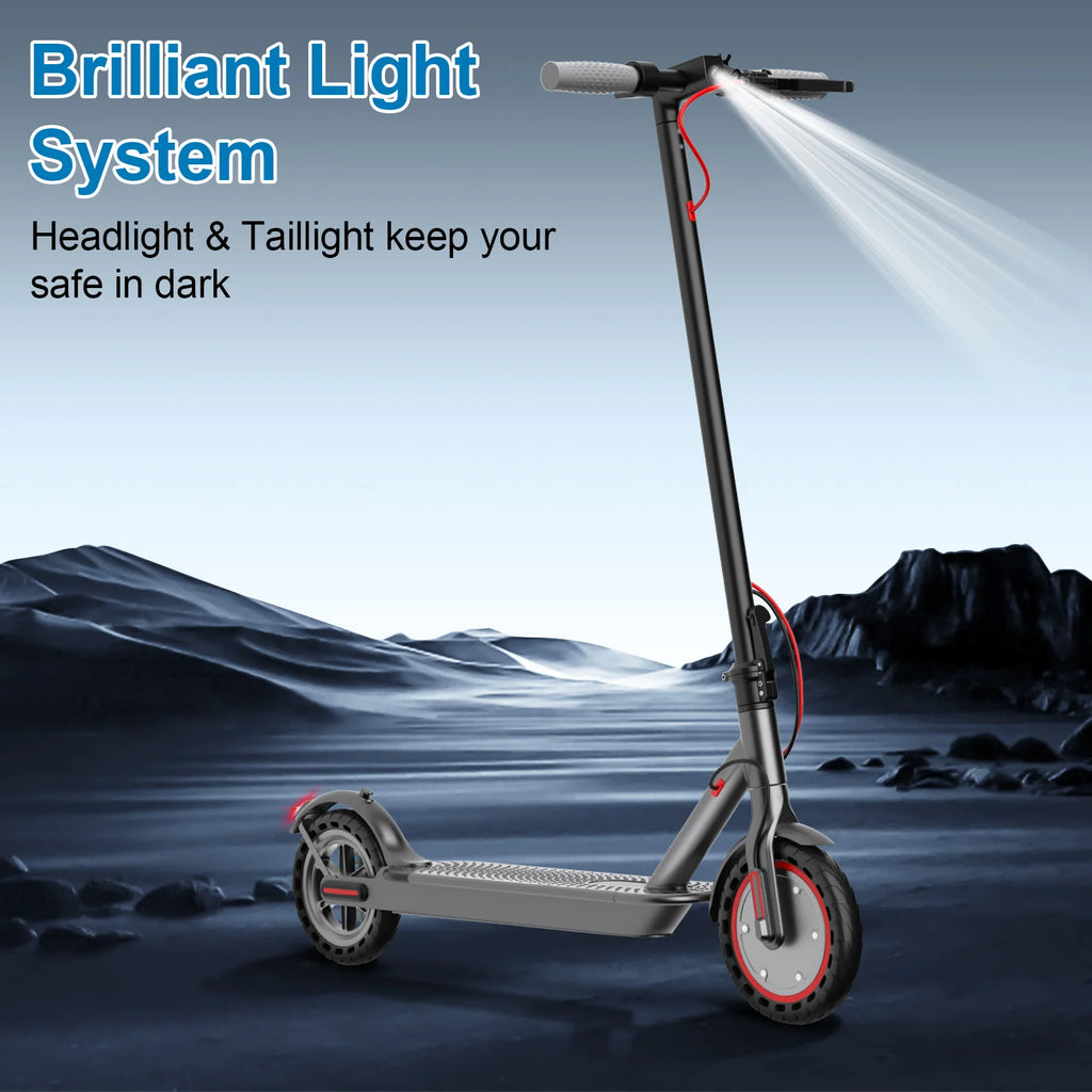 Black foldable adult electric scooter with 8.5-inch tires, handlebars, deck, headlight, and taillight glowing.