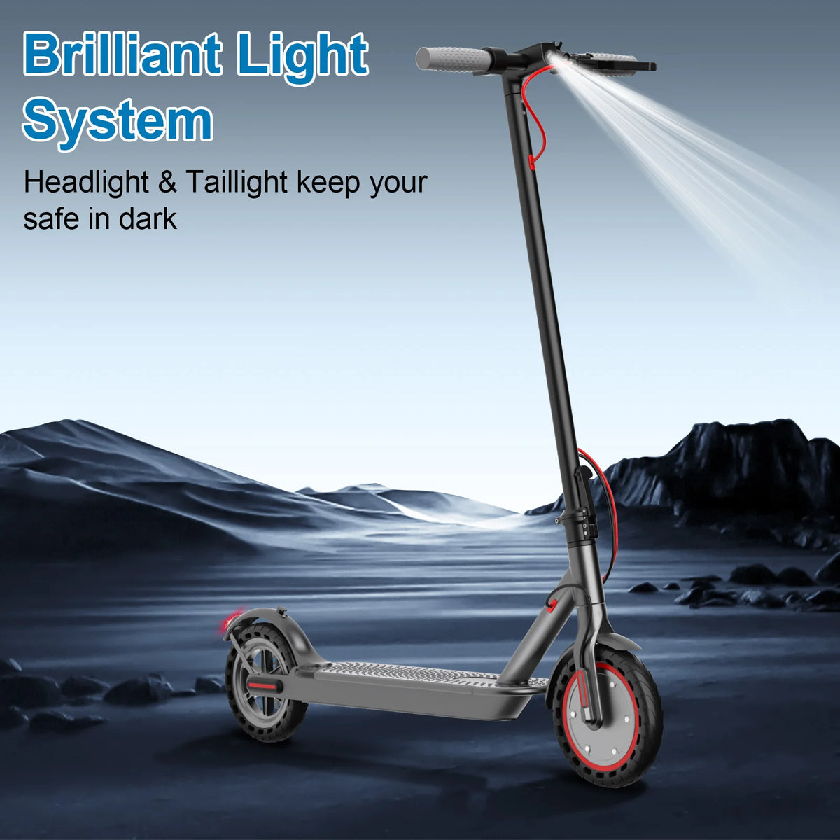 Black foldable adult electric scooter with 8.5-inch tires, handlebars, deck, headlight, and taillight glowing.