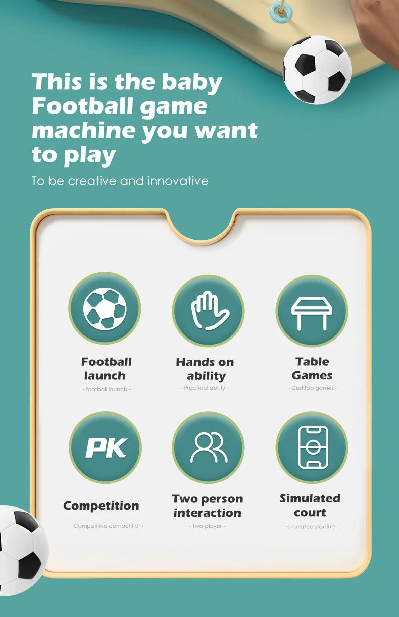 Interactive desktop football game features six educational icons and two small soccer balls on a teal background.