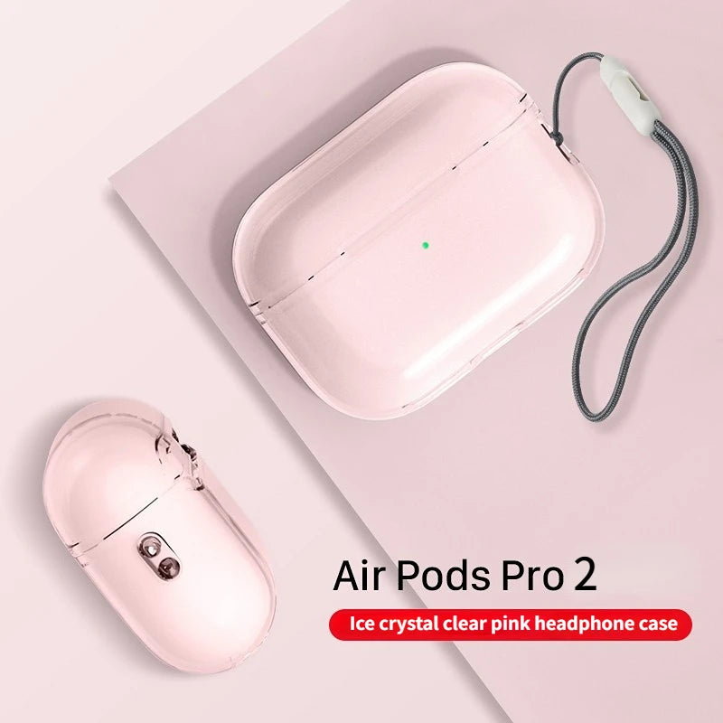 Clear pink protective case for AirPods Pro 2, featuring a transparent ice-crystal style and a grey lanyard.