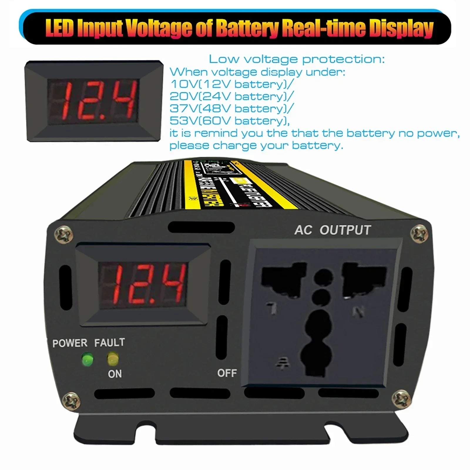 Black power inverter featuring a digital LED voltage display, AC output socket, and power/fault indicator lights.