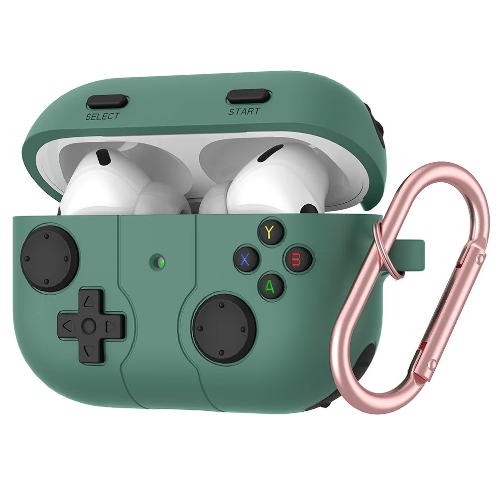 Green silicone AirPods Pro case with retro game controller design and rose gold carabiner.
