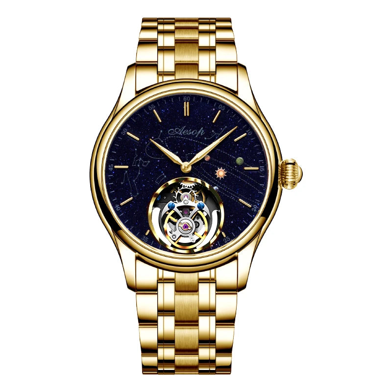 Gold Aesop men's mechanical watch with a blue starry night dial, constellations, and a tourbillon window.