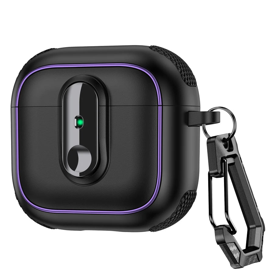 Black rugged silicone AirPods case with purple accents and carabiner clip. Compatible with AirPods 3.