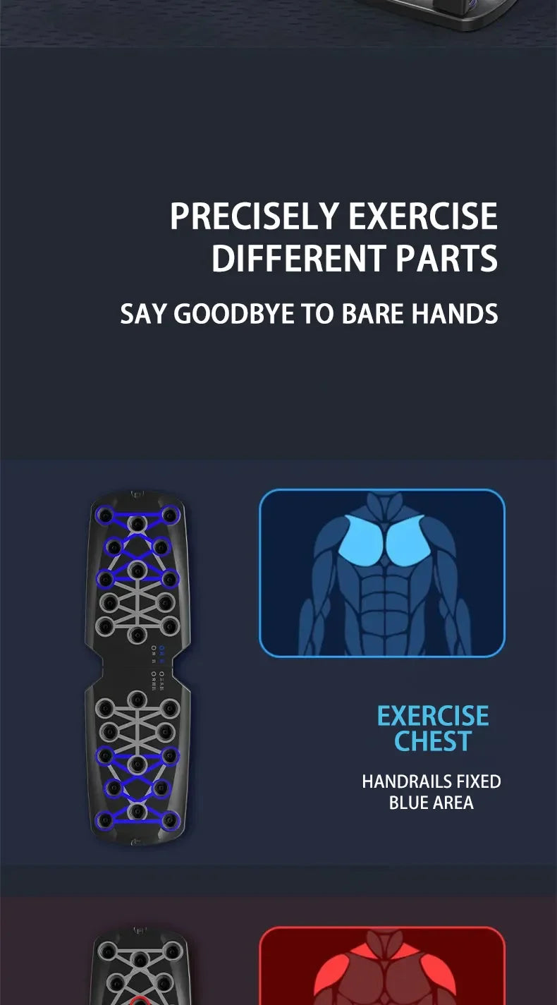 Foldable black push-up board with blue colour-coded exercise slots for targeting chest muscles.