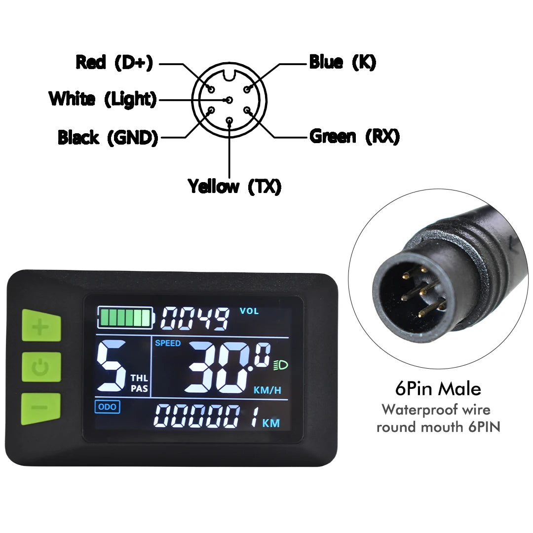 Black waterproof electric bike LCD display with three green buttons, pin diagram, and 6-pin male wire.