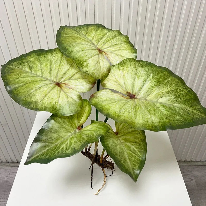 Artificial lotus plant with large, variegated green leaves and visible brown roots against a white background.