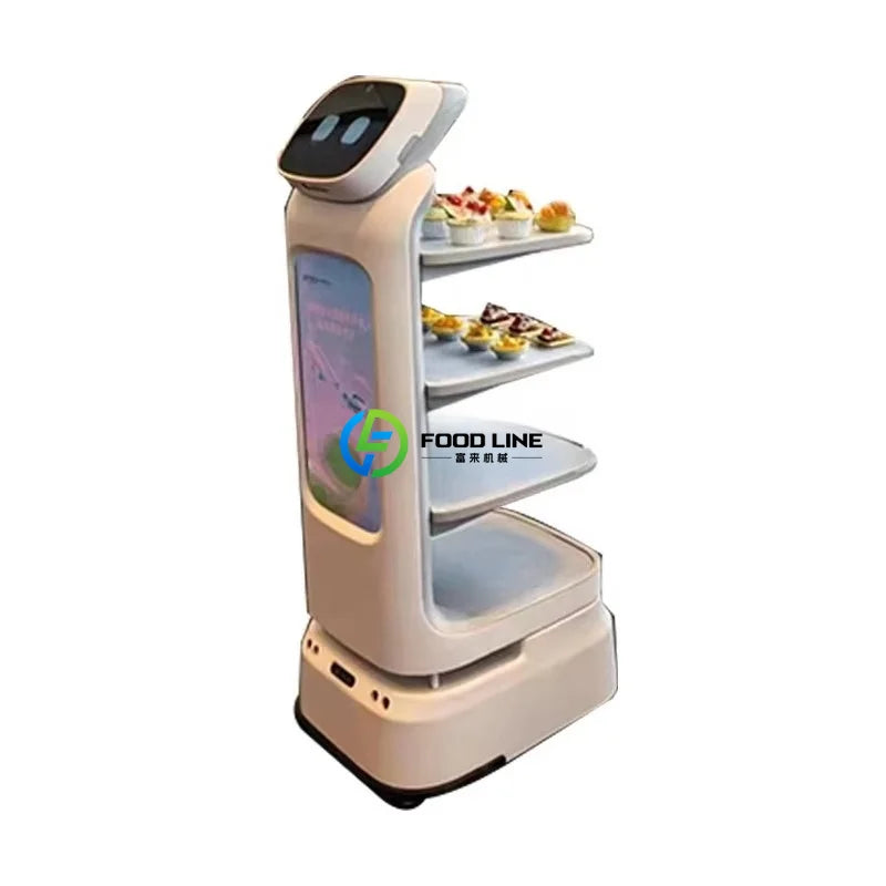 White delivery robot with a screen, side panel, and three stacked trays holding pastries.