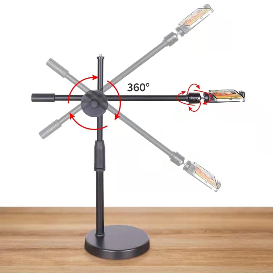 Black adjustable desk phone stand with a 360-degree rotating arm and mount for flexible viewing angles.