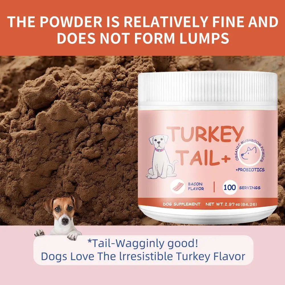 Bacon-flavoured turkey tail mushroom dog supplement powder with probiotics, featuring a fine, lump-free texture.
