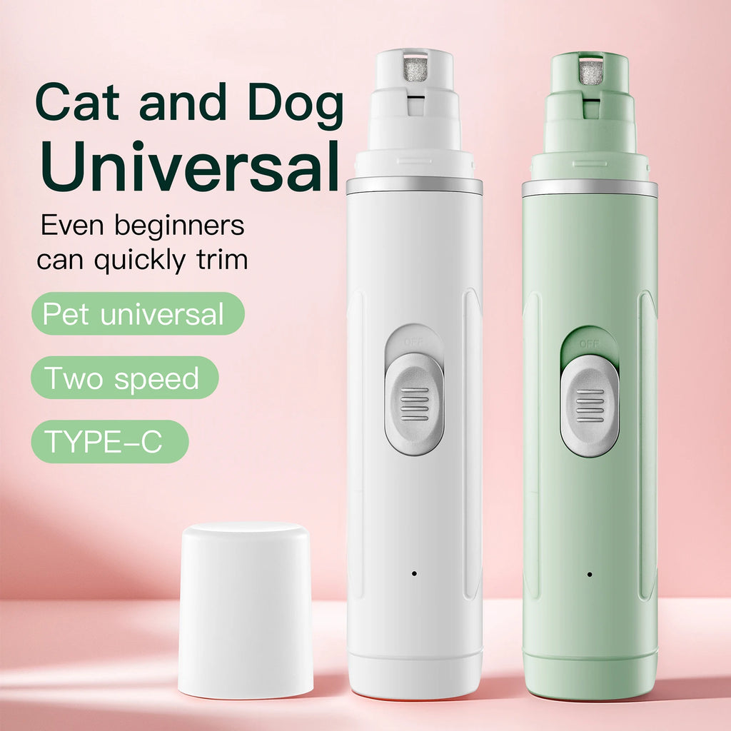 Two rechargeable electric pet nail grinders in white and sage green, featuring LED lights and two speed settings.