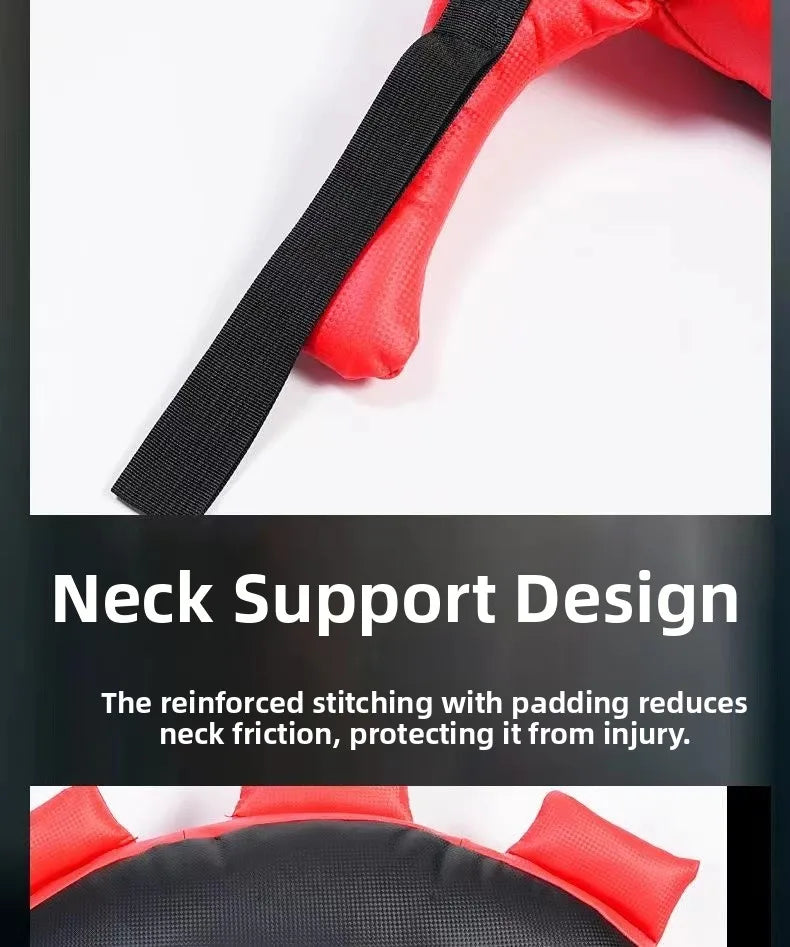 Red and black weighted Bulgarian training bag featuring padded neck support and reinforced straps for fitness exercises.