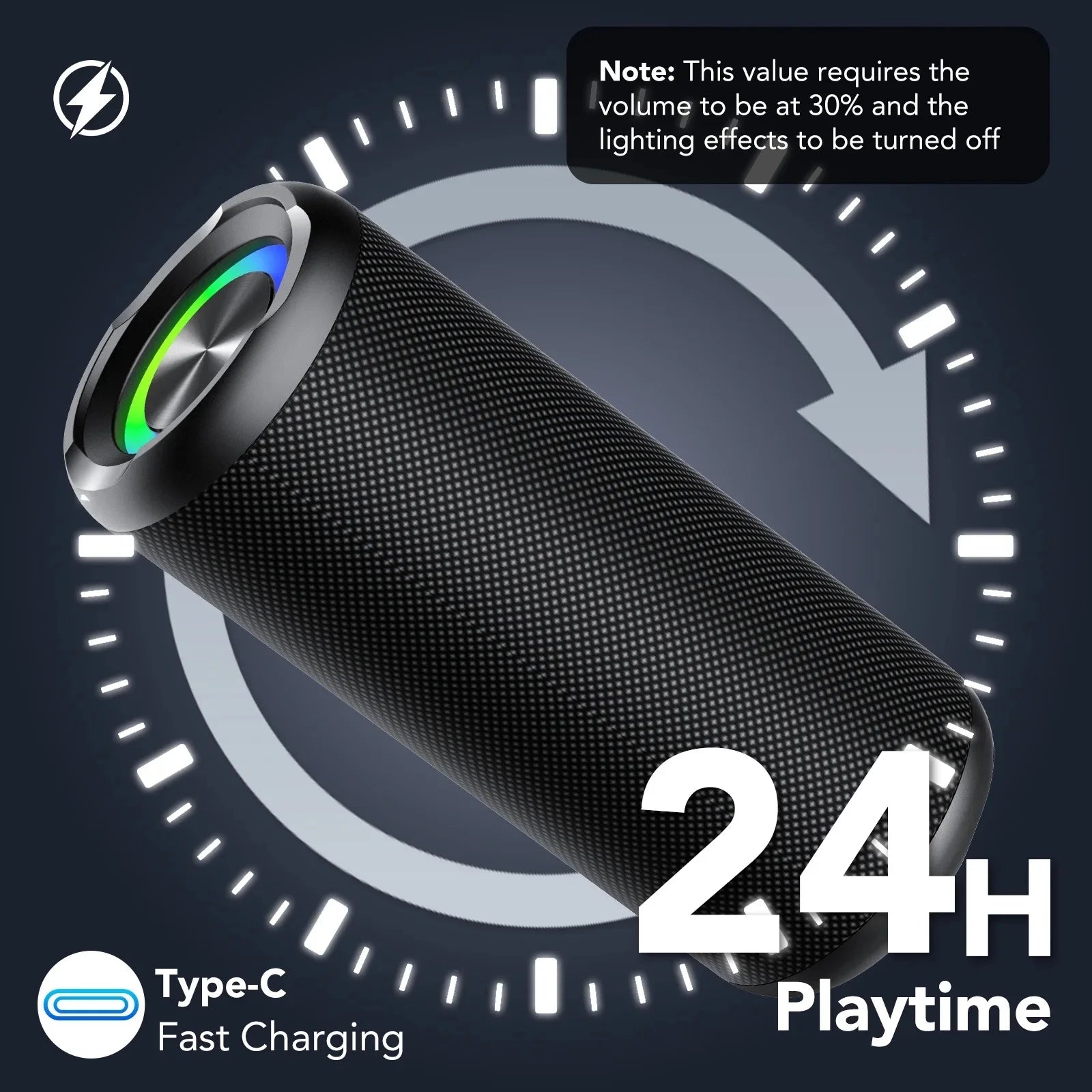 Black portable Bluetooth speaker with vibrant LED accents, 24-hour battery life, and USB-C fast charging.
