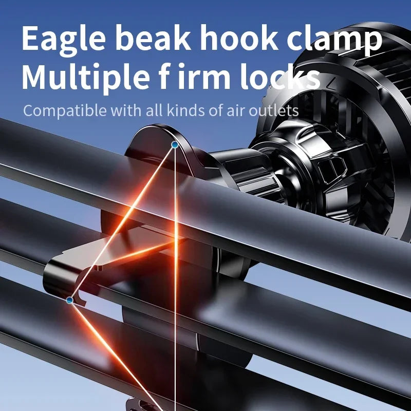 Black car air vent phone mount with an eagle beak hook clamp design for a secure, adjustable grip.