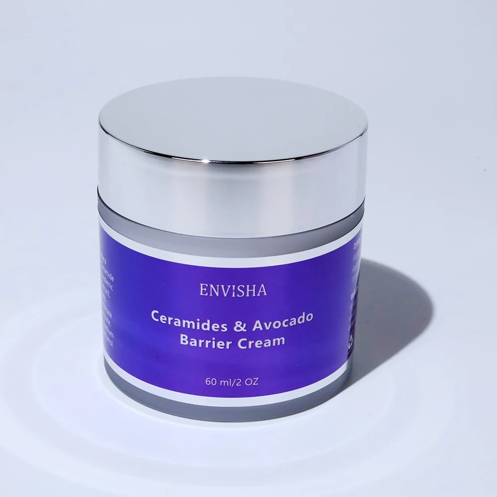 60ml jar of Ceramides & Avocado barrier cream with a purple label and silver screw-top lid.