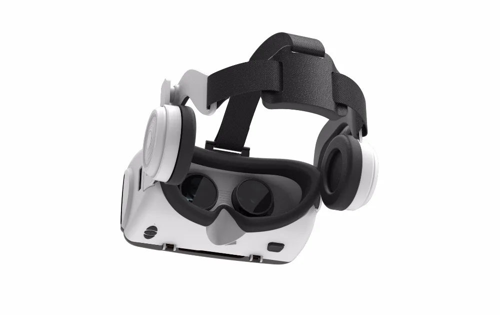 White and black smartphone VR headset with adjustable strap, soft face cushioning, and integrated headphones.