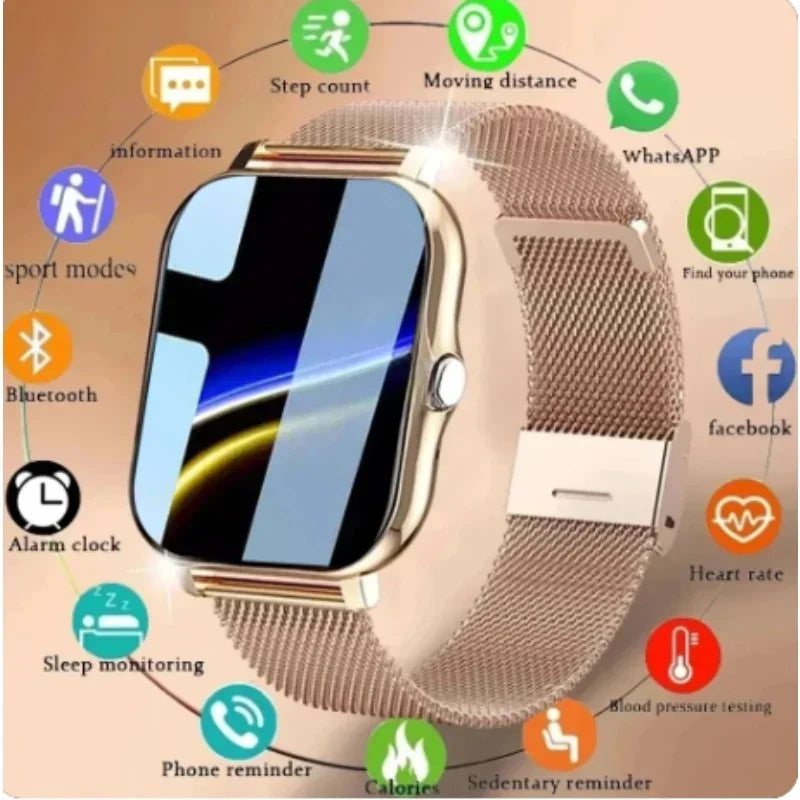 Rose gold smartwatch with a 1.44-inch touch screen and mesh strap, surrounded by health and connectivity icons.