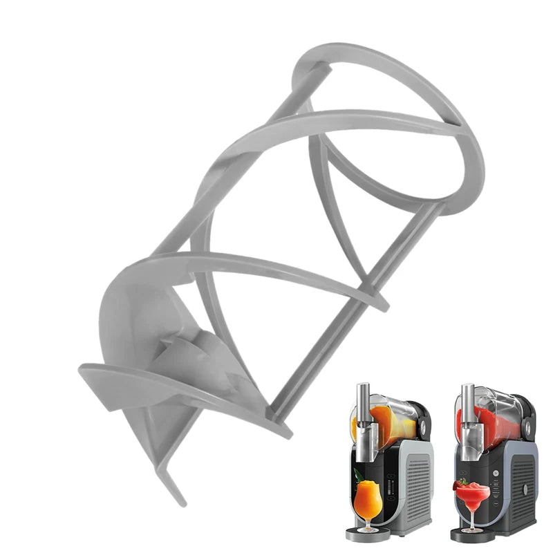 Grey plastic replacement spiral auger for a slushie machine, shown with two slushie makers in the bottom corner.