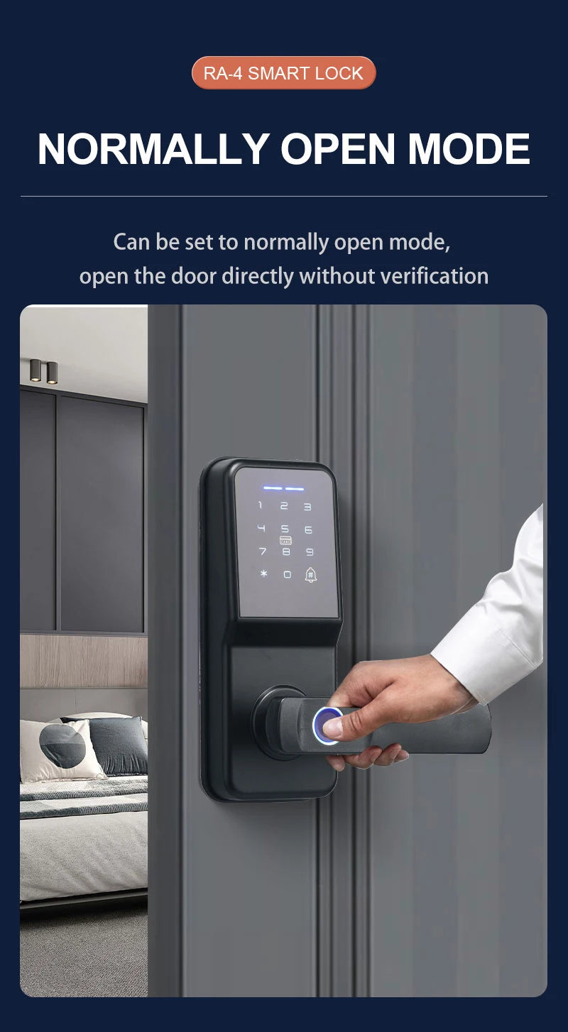 Black metal smart door lock with a digital keypad and a fingerprint scanner integrated into the handle.
