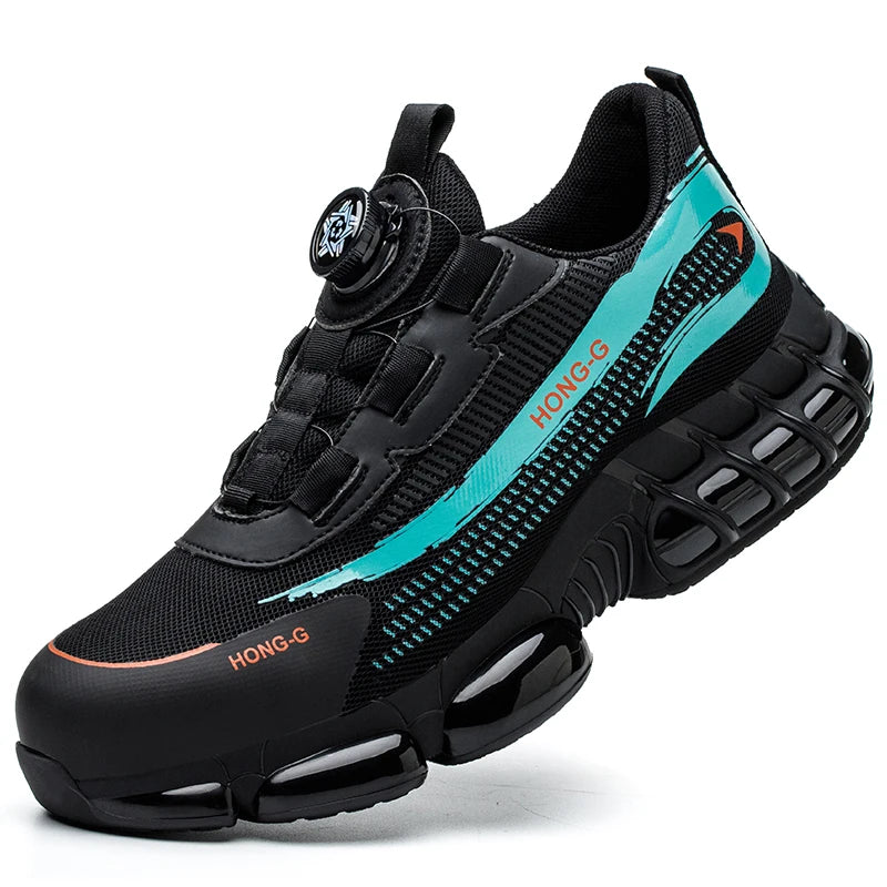 Black and teal men’s safety work trainer with a steel toe, breathable mesh, and convenient dial-lacing system.