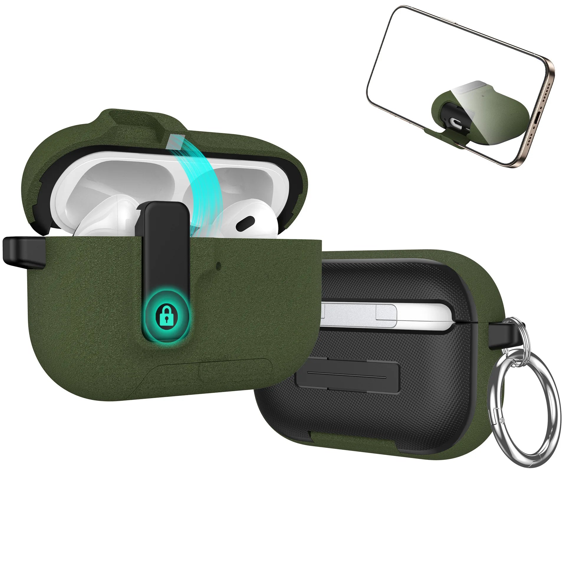 Olive green rugged locking case for AirPods Pro with keyring attachment.