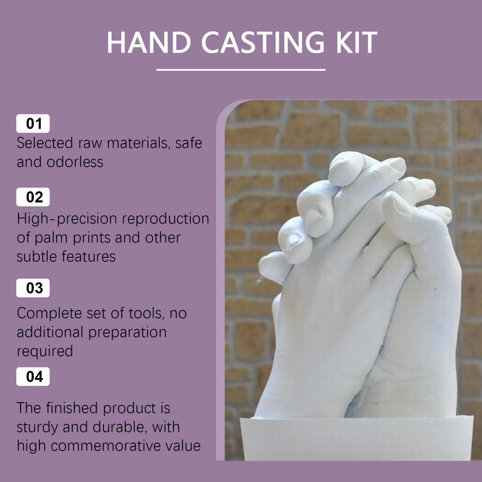 Hand casting kit featuring a white plaster sculpture of two clasped hands, detailing key features and tools included.