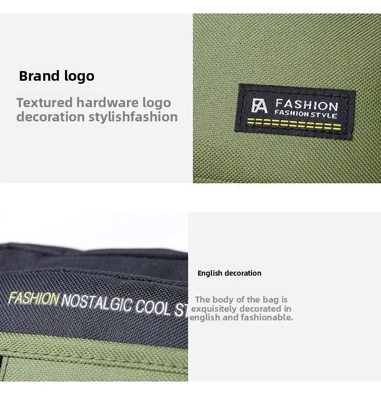 Close-up of an olive green canvas crossbody bag featuring a black fabric logo patch and modern text detailing.