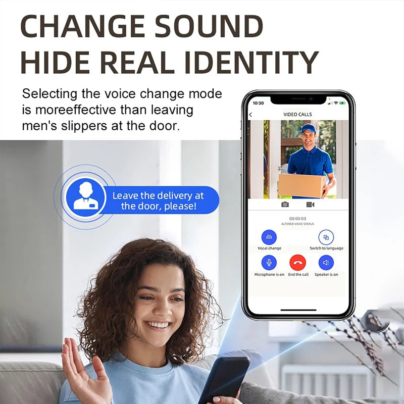 A woman smiling while using a mobile app to manage a wireless video doorbell with voice-changing features.