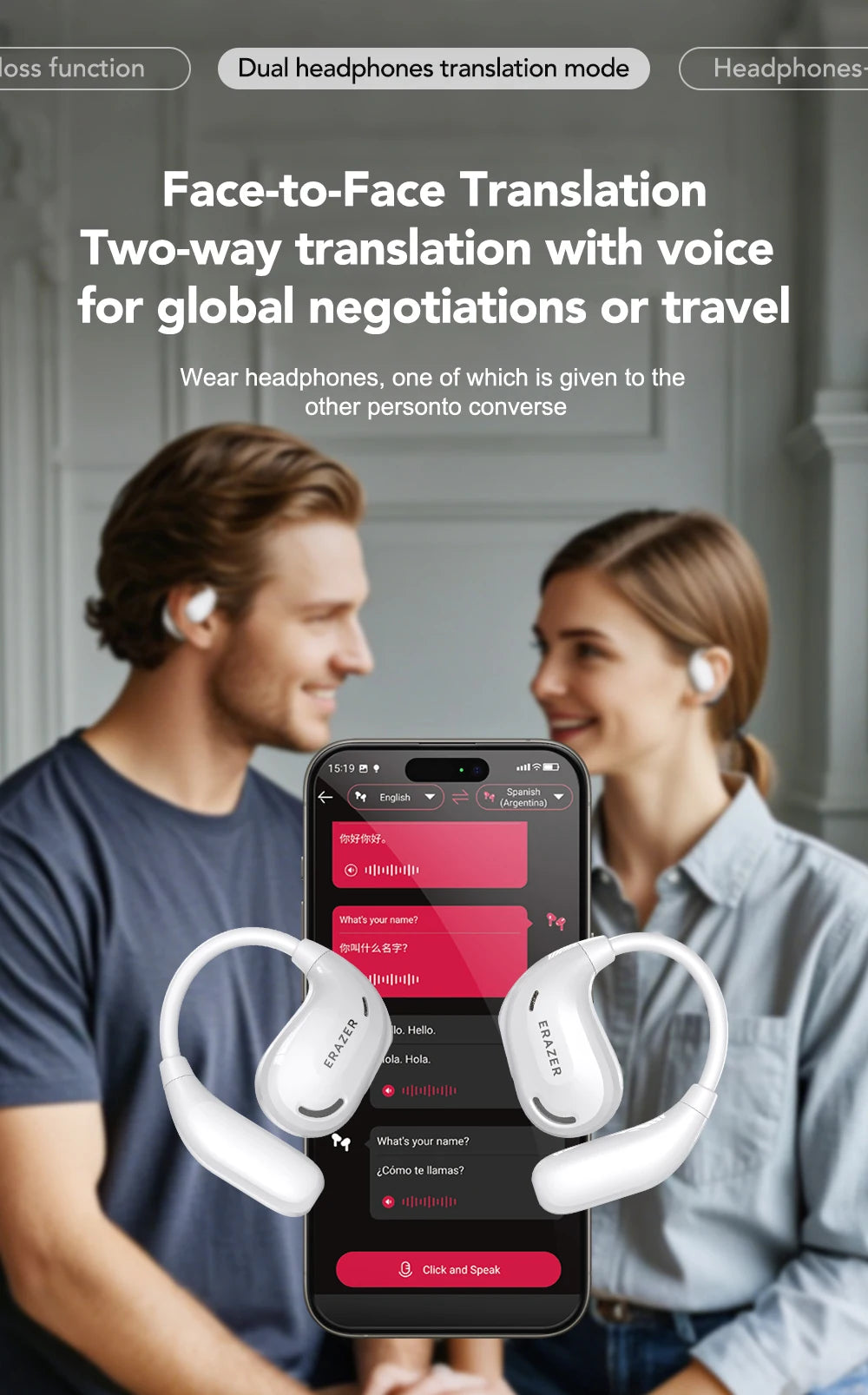 A pair of white, over-ear hook translation headphones shown with a smartphone app interface during a conversation.