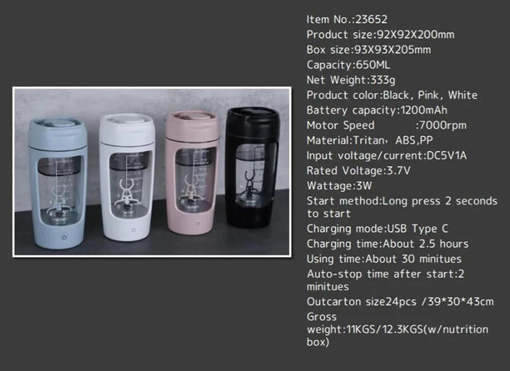 Four portable electric shaker bottles in blue, white, pink, and black, featuring clear liquid measurement markings.
