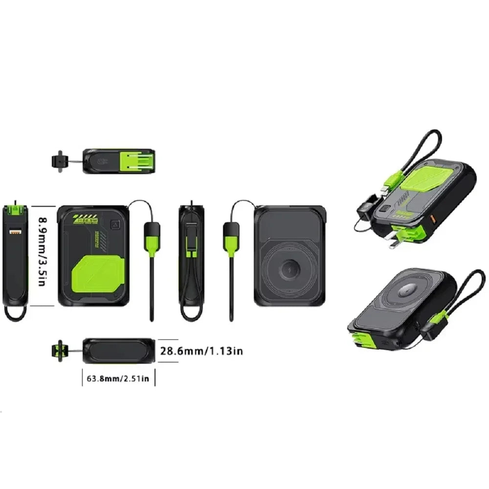 Black and neon green magnetic wireless power bank with integrated phone stand, built-in cables, and compact design.