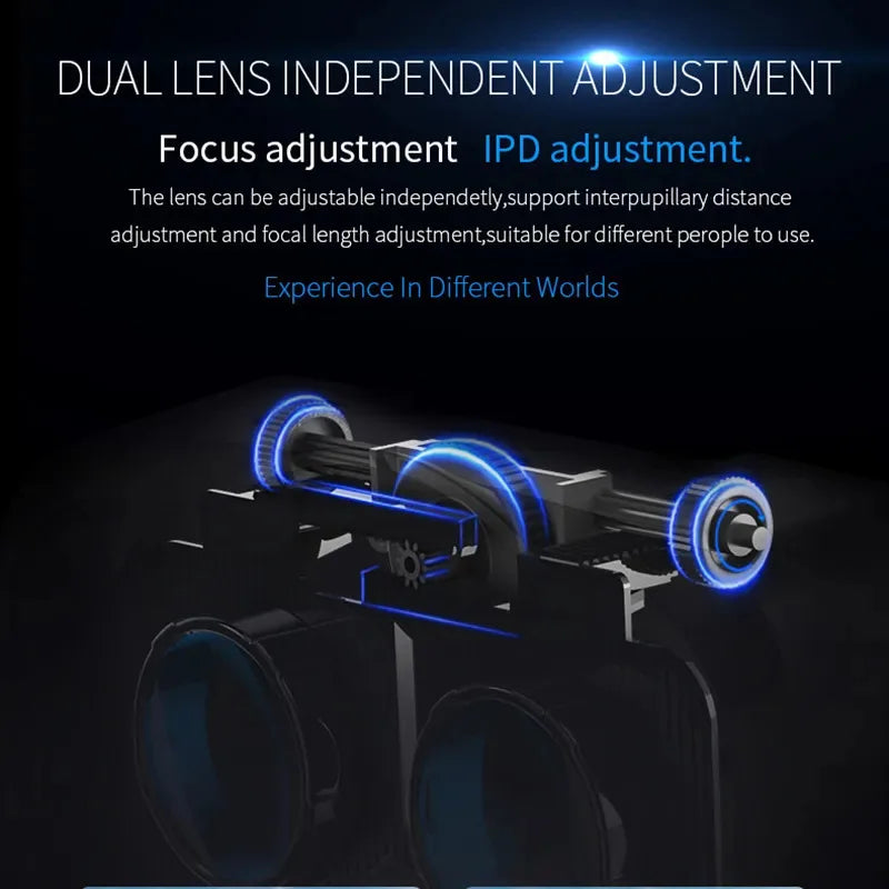 Close-up of a black VR headset's internal dual-lens system, showing independent focus and interpupillary adjustments.