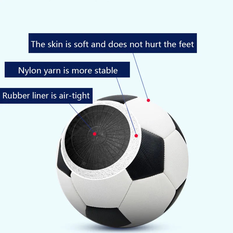 Black and white soccer ball showing soft outer skin, stable nylon yarn winding, and an air-tight rubber liner.